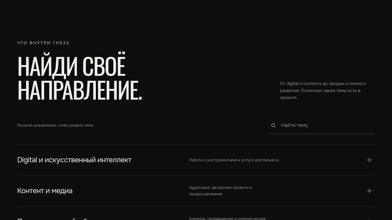 Каталог направлений THE33 с поиском по темам